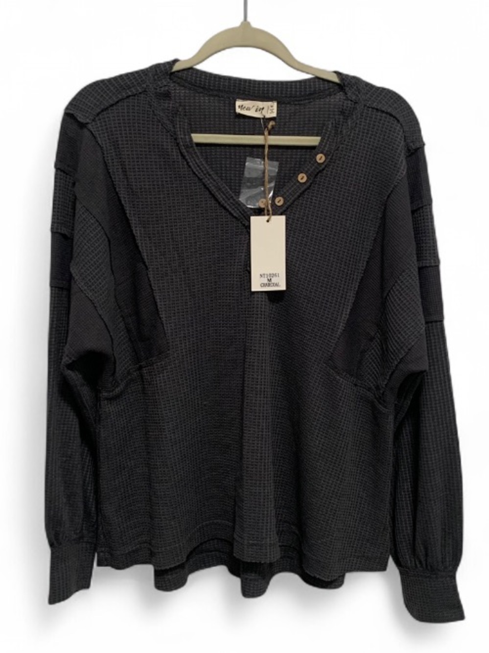 NWT New In Charcoal Gray Waffle Henley Long Sleeve Shirt